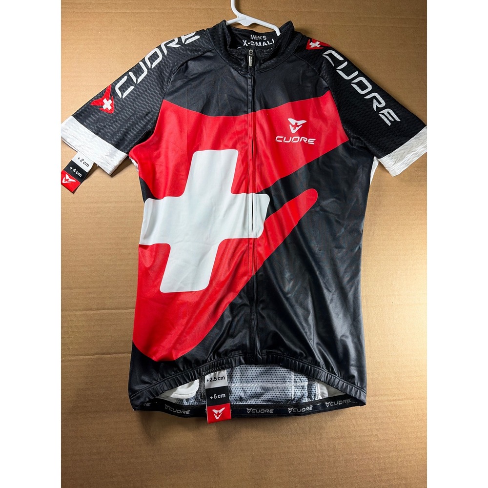 Cuore Cycling Jersey Men XS Black Red White Silver SS Switzerland Full Zip Short